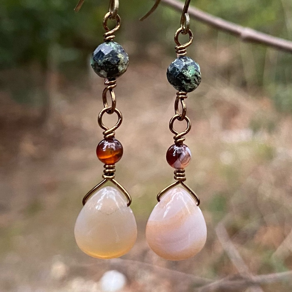 African Turquoise and Dream Agate Dangle Earrings - Picture 2 of 6